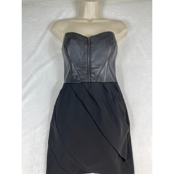 Bebe Dress Womens Size 2 Black Leather Bustier Strapless Mini  Zip Up w/ Pockets - Picture 1 of 16